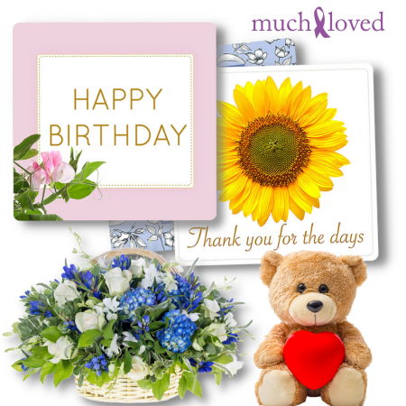 Selection of MuchLoved virtual gifts, including a picture of a teddy bear, picture of a basket of flowers, and two pictures of birthday cards. 